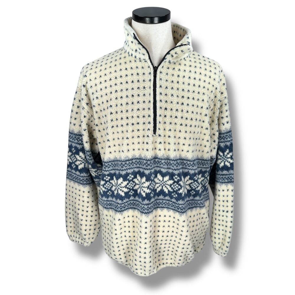 Vintage‎ Big Chill 1/4 Zip Fleece Jacket Adult XL Cream Blue Fair Isle Winter